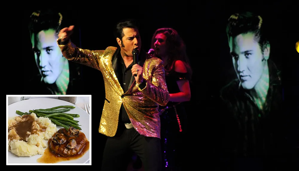 A performer in a gold jacket sings on stage with background images while an inset shows a plate of mashed potatoes green beans and a meat dish with gravy