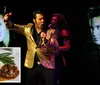 A performer in a gold jacket sings on stage with background images while an inset shows a plate of mashed potatoes green beans and a meat dish with gravy