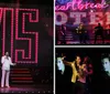 A performer in a gold jacket sings on stage with background images while an inset shows a plate of mashed potatoes green beans and a meat dish with gravy