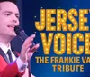 A person in a red jacket is singing into a microphone next to text that says Jersey Voice The Frankie Valli Tribute