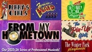 The image is a promotional poster for the Winter Park Playhouse's 2025-26 series of professional musicals, featuring titles like 