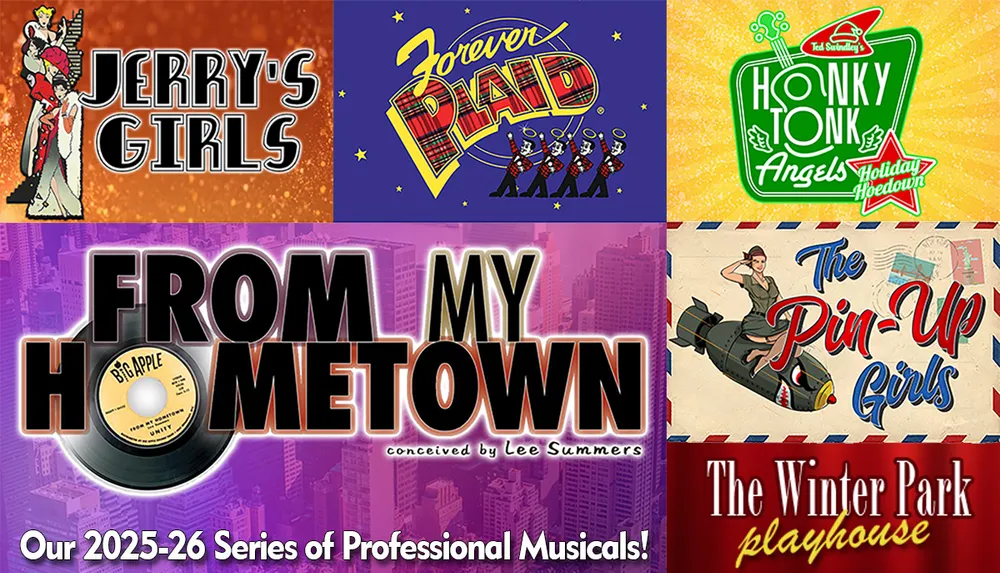 The image is a promotional poster for the Winter Park Playhouses 2025-26 series of professional musicals featuring titles like Jerrys Girls and Forever Plaid
