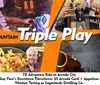 The image features a collage of fun activities including a child playing arcade games people celebrating around a bar a plate of loaded fries and an excited person wearing 3D glasses with the text Triple Play