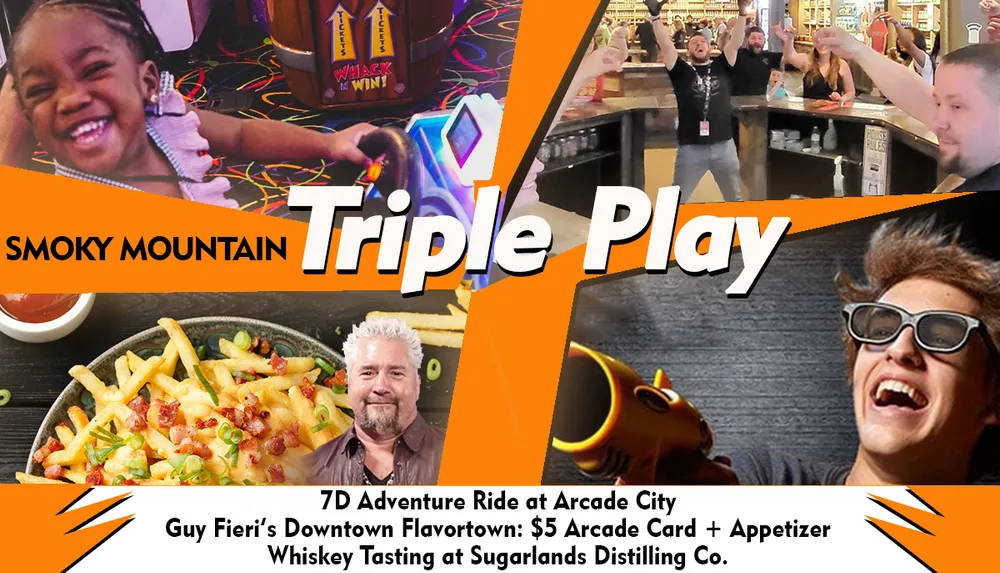 The image features a collage of fun activities including a child playing arcade games people celebrating around a bar a plate of loaded fries and an excited person wearing 3D glasses with the text Triple Play