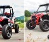 A red and black off-road vehicle is parked outdoors against a backdrop of green hills and a cloudy sky