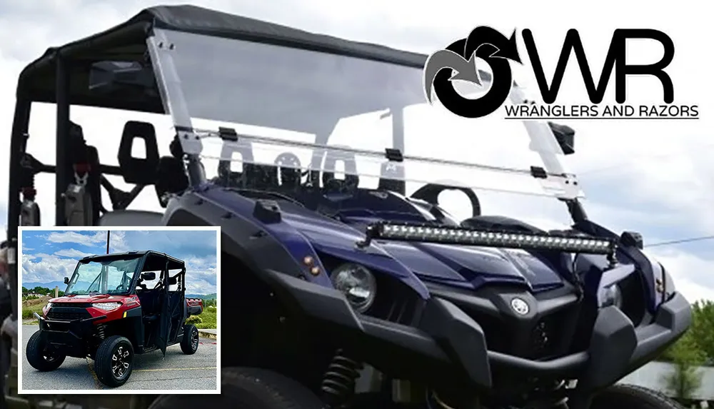 The image features a close-up of an off-road vehicle with a windshield and light bar accompanied by a logo that says Wranglers and Razors and an inset image showing another similar off-road vehicle