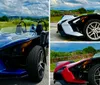 A red Polaris Slingshot three-wheeled vehicle is parked outdoors with a scenic backdrop of hills and cloudy skies