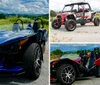 The image features a red and black off-road vehicle with two small insets showing other similar utility vehicles against a natural outdoor backdrop