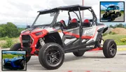 The image features a red and black off-road vehicle with two small insets showing other similar utility vehicles against a natural outdoor backdrop.