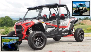 The image features a red and black off-road vehicle with two small insets showing other similar utility vehicles against a natural outdoor backdrop.