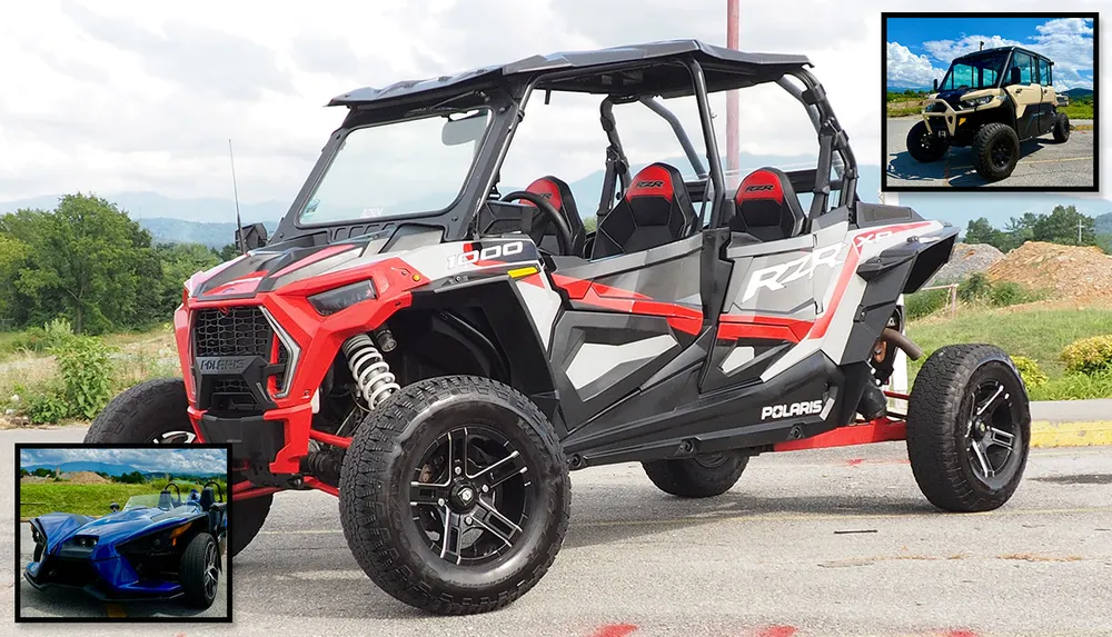 The image features a red and black off-road vehicle with two small insets showing other similar utility vehicles against a natural outdoor backdrop