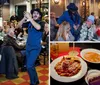 The image shows an enthusiastic dinner show with a lively audience featuring a performer clapping along with a food inset and positive reviews