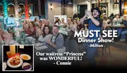 The image shows an enthusiastic dinner show with a lively audience, featuring a performer clapping, along with a food inset and positive reviews.
