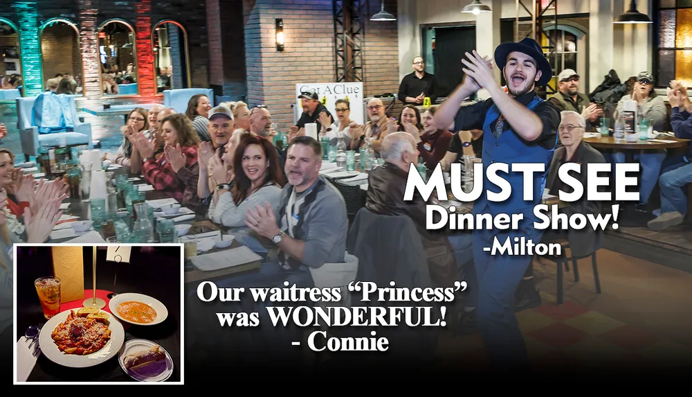 The image shows an enthusiastic dinner show with a lively audience featuring a performer clapping along with a food inset and positive reviews