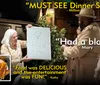 A woman holds up a drawing on a whiteboard during a lively dinner show alongside positive testimonials and an inset of a pasta dish