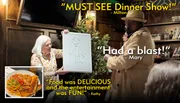 A woman holds up a drawing on a whiteboard during a lively dinner show, alongside positive testimonials and an inset of a pasta dish.
