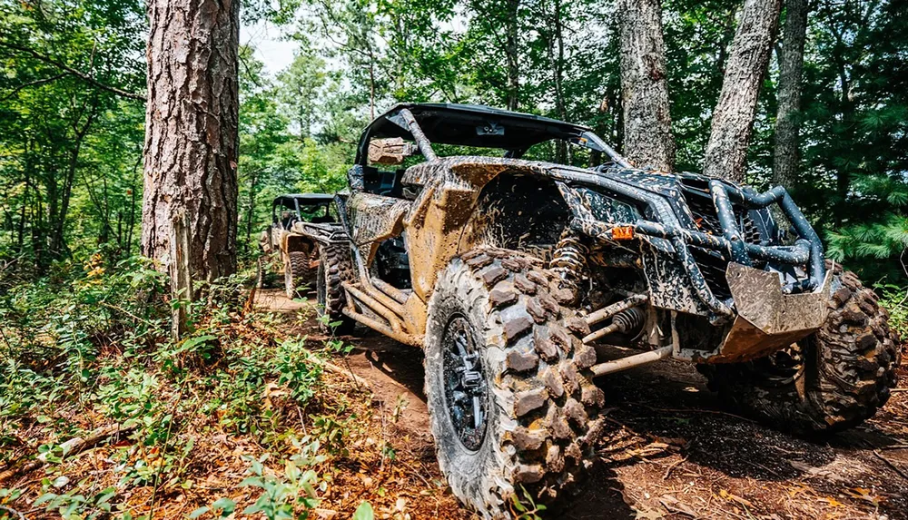 A muddy off-road vehicle is parked on a dirt trail in a forested area