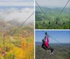 A person wearing a helmet and harness is zip-lining over a vast scenic landscape