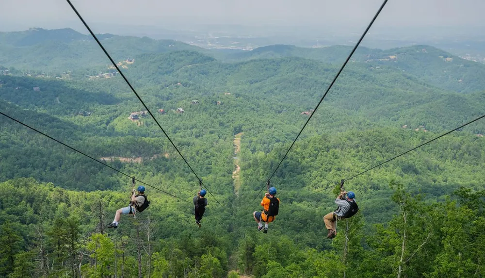 Four people are zip-lining over a lush green forest with mountains in the background