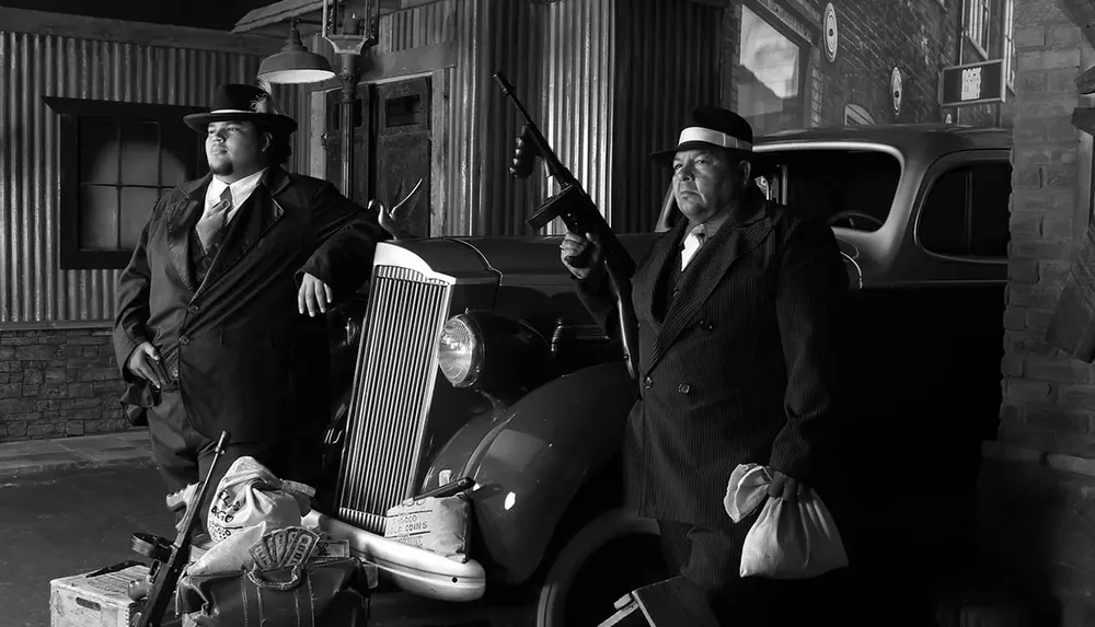 Two men dressed as 1930s gangsters one holding a Tommy gun stand by a vintage car with bags of cash