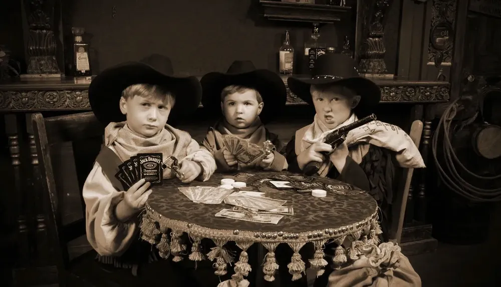 Three children dressed as cowboys are sitting around a poker table holding cards and toy guns in a vintage-style setting