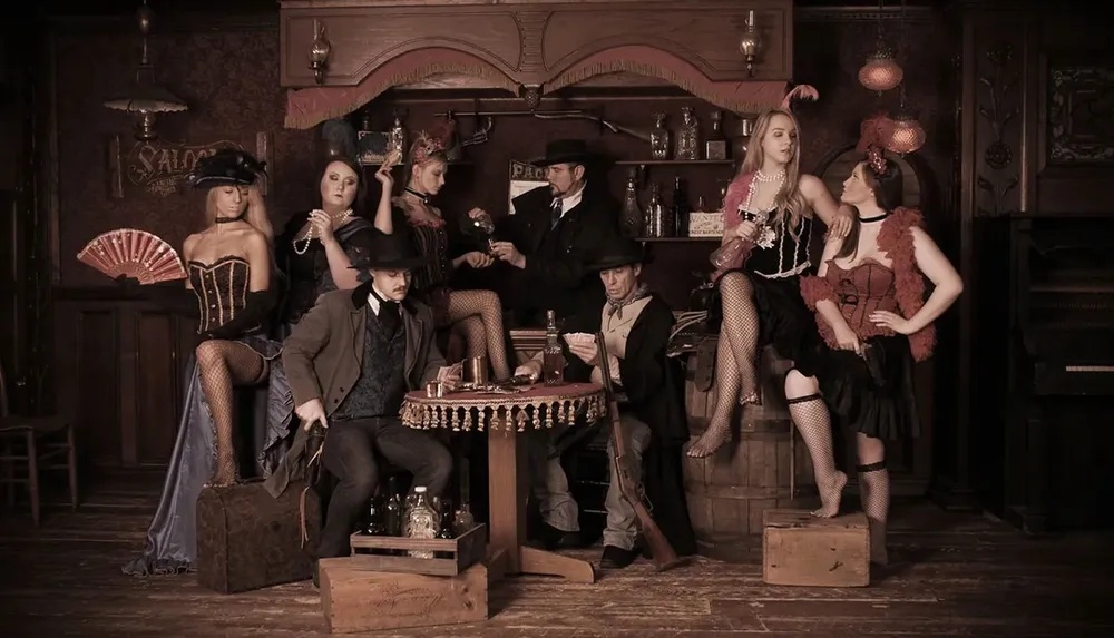 A group of people dressed in vintage Wild West attire are gathered in a saloon setting engaged in activities like card playing and socializing