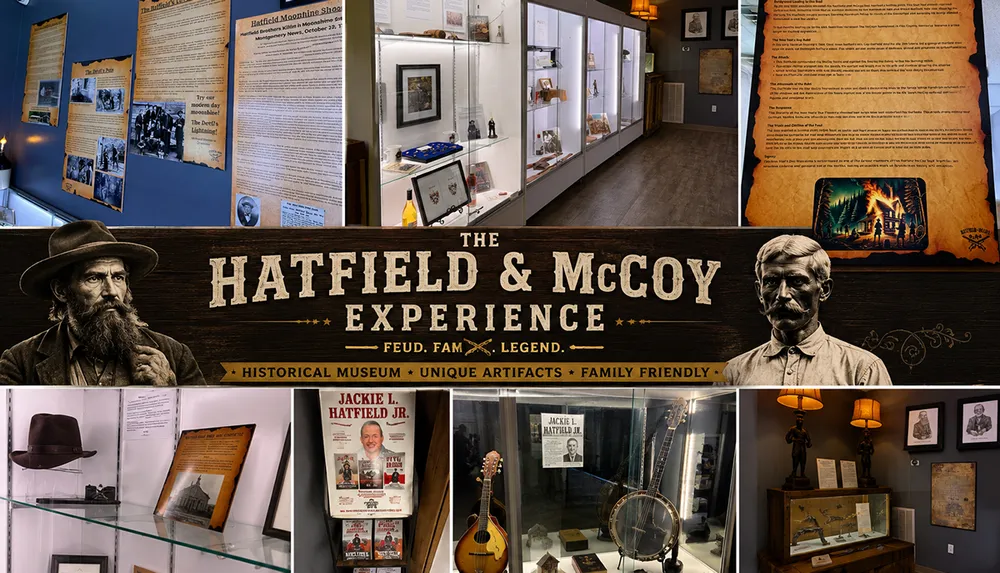 The image showcases a collage of the Hatfield  McCoy Experience museum featuring historical displays artifacts and promotional materials highlighting the infamous family feud