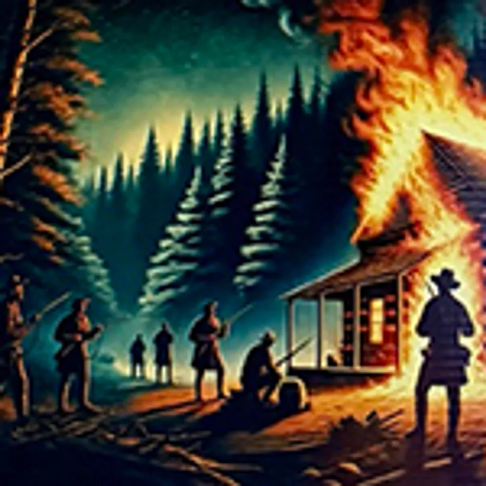 The image depicts people standing near a burning cabin in a forested area at night