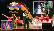 The image showcases a vibrant stage performance at a Christmas-themed 