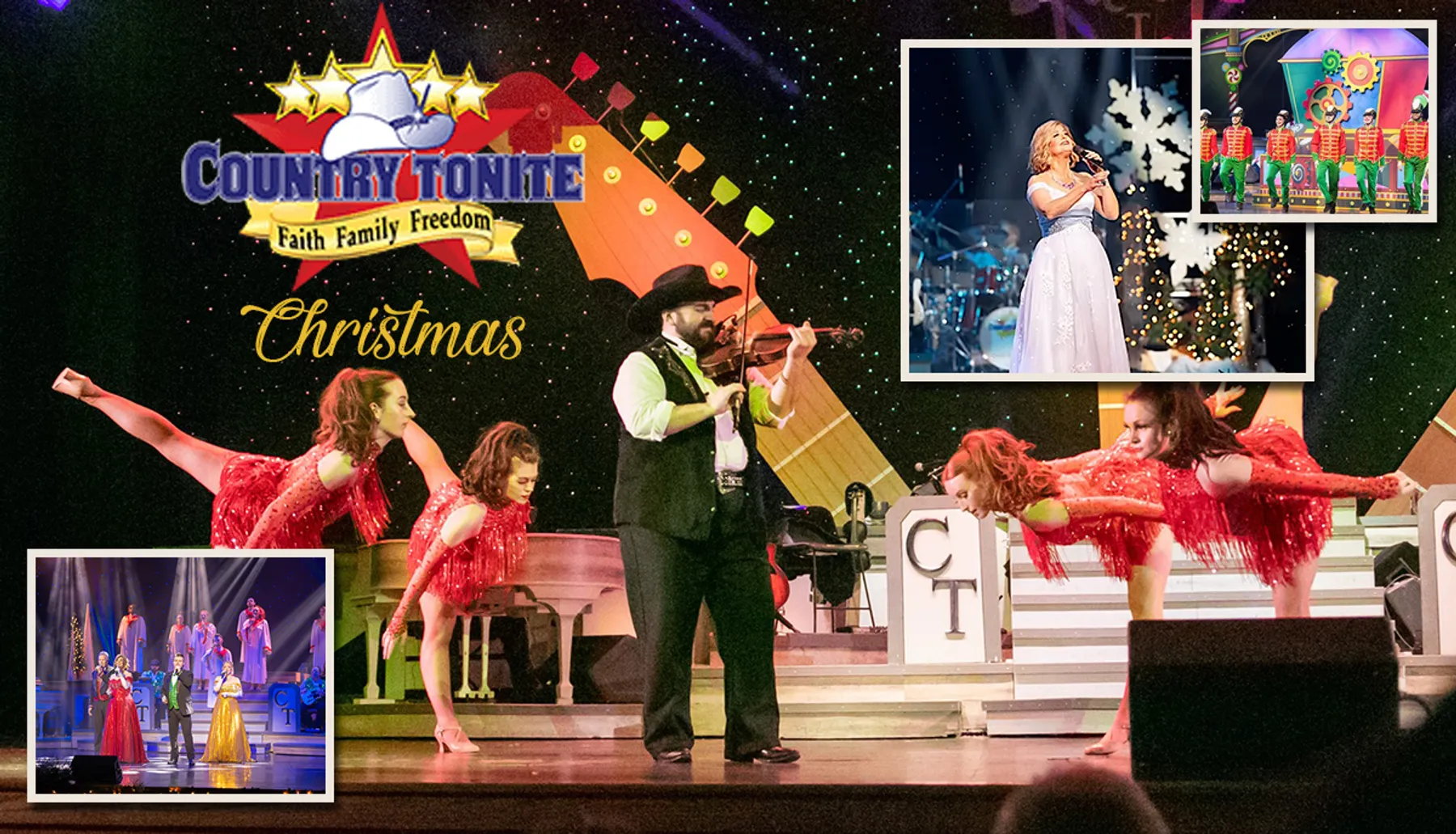 The image showcases a vibrant stage performance at a Christmas-themed Country Tonite show, featuring singing, dancing, and violin playing under festive decorations.