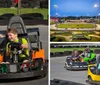 Two children are enjoying themselves while driving go-karts on a track lined with tires