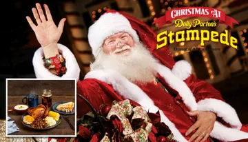 Santa Claus is joyfully waving next to a promotion for 