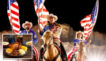 The image features three people in cowboy attire riding horses and holding American flags, with an inset of a hearty meal and the text 