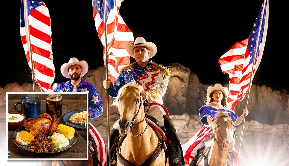 The image features three people in cowboy attire riding horses and holding American flags with an inset of a hearty meal and the text Great show Great food with a Yelp logo