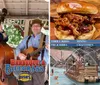 The image is a composite promoting a Barbeque  Bluegrass festival featuring musicians playing traditional instruments a serving of barbeque and people enjoying a roller coaster ride