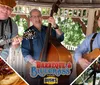 The image is a composite promoting a Barbeque  Bluegrass festival featuring musicians playing traditional instruments a serving of barbeque and people enjoying a roller coaster ride