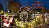 The image shows a festive Christmas scene at Dollywood's Smoky Mountain Christmas, featuring a decorated watermill and an inset of Santa holding a 