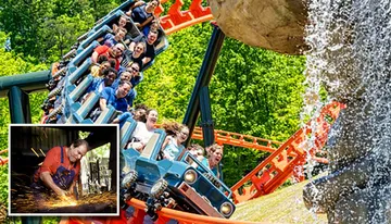 The image shows a group of excited people riding a roller coaster near a waterfall, with an inset of a person working with metal, wearing a protective apron and goggles.