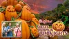 The image features a festive display for Dollywood's Great Pumpkin LumiNights with a backdrop of carved pumpkins and a small inset of three people holding musical instruments.