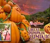 The image features a festive display for Dollywoods Great Pumpkin LumiNights with a backdrop of carved pumpkins and a small inset of three people holding musical instruments