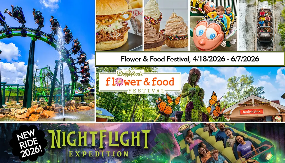 The image showcases Dollywoods Flower  Food Festival happening from April 18 to June 7 2026 featuring various rides attractions food offerings and a new ride called Nightflight Expedition