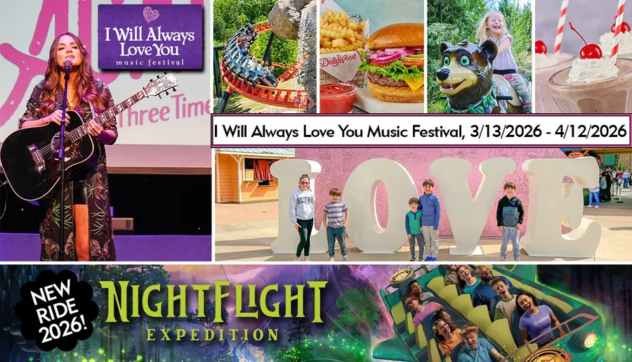 The image promotes the I Will Always Love You Music Festival from March 13 to April 12, 2026, featuring attractions like a new ride called Nightflight Expedition, food, and family fun.