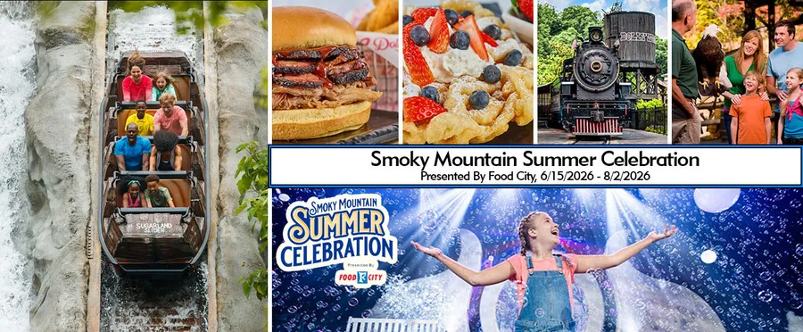 The image is a collage promoting the Smoky Mountain Summer Celebration, featuring a log ride, food, a train, wildlife interaction, and a festive stage performance, set from June 15 to August 2, 2026.