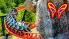 A group of people are enjoying a roller coaster ride as it curves near a rocky waterfall, with a colorful butterfly emblem on the side.