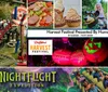 The image features a festive display for Dollywoods Great Pumpkin LumiNights with a backdrop of carved pumpkins and a small inset of three people holding musical instruments