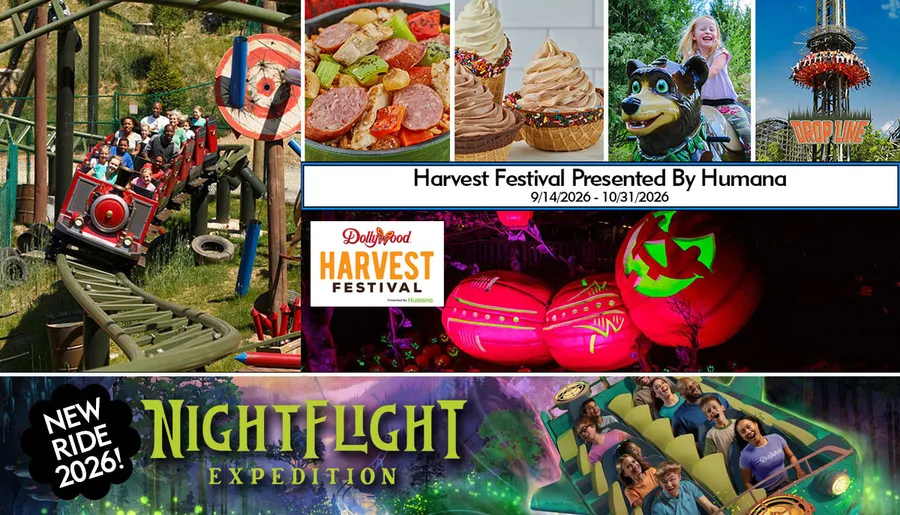 The image features a festive display for Dollywood's Great Pumpkin LumiNights with a backdrop of carved pumpkins and a small inset of three people holding musical instruments.