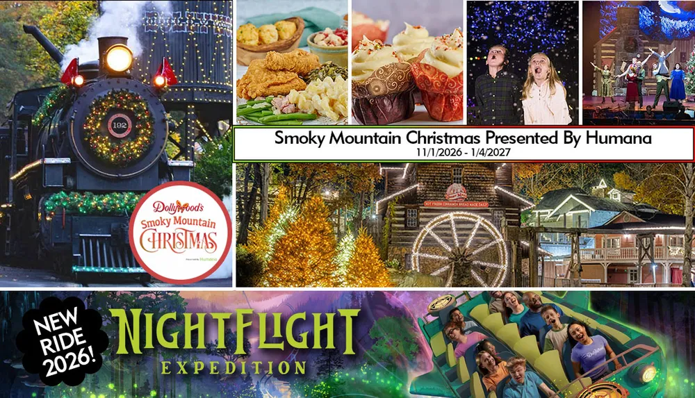The image shows a festive Christmas scene at Dollywoods Smoky Mountain Christmas featuring a decorated watermill and an inset of Santa holding a Nice List