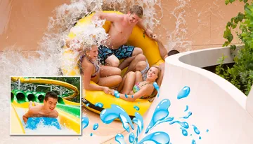 A group of people enjoy a ride on a yellow raft sliding down a water slide, with an inset of a person having fun on a separate slide.