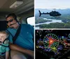 Two adults and a child are wearing headphones while enjoying a scenic helicopter flight