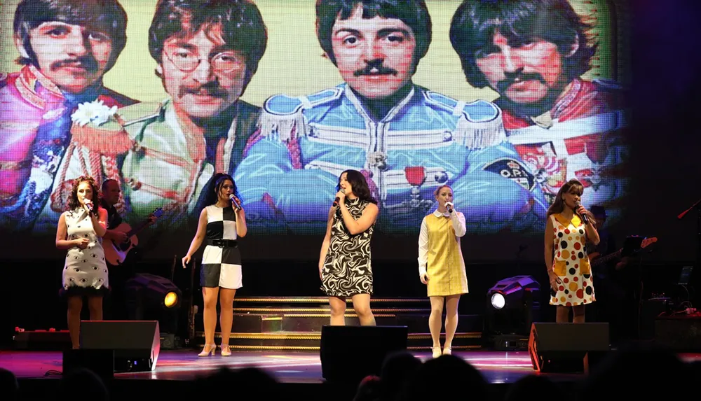 A group of singers perform on stage with a backdrop featuring colorful portraits of a popular music group from a past era